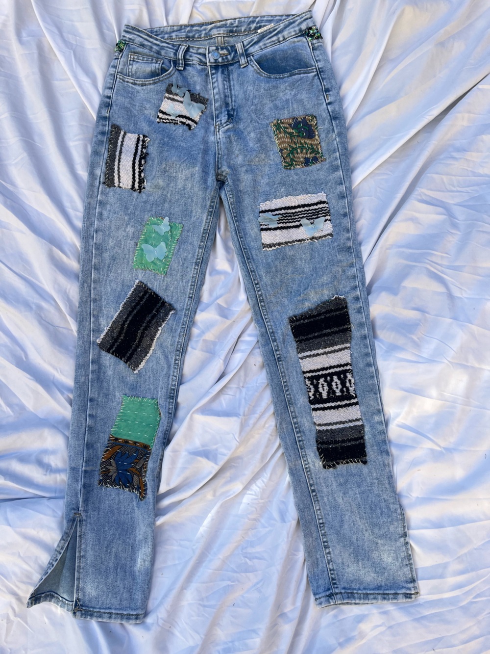 OOAK Reworked Light Wash Patchwork Jeans Serape Butterfly Skinny Ankle Slit